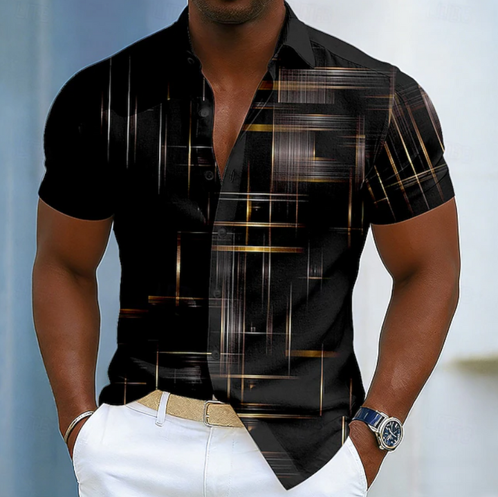 Men's short sleeve geometric print button-up shirt for modern casual summer wear. Stylish men's top.