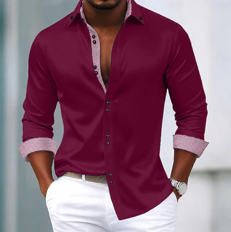 Slim fit men's button-down shirt with a classic collar, ideal for a modern and refined everyday or business casual outfit.
