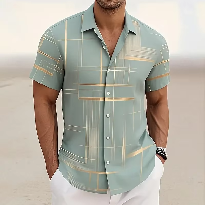 Comfortable men's short-sleeve shirt with a modern pattern. Versatile for casual & smart casual spring/summer wear.