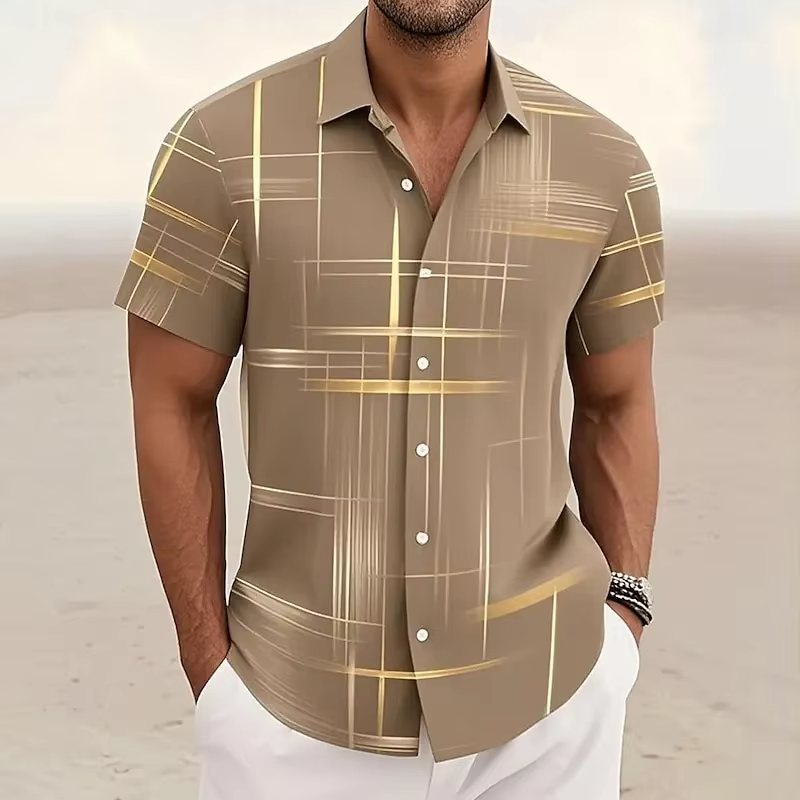 Contemporary men's short-sleeve patterned shirt. Comfortable and stylish for casual spring and summer outfits.
