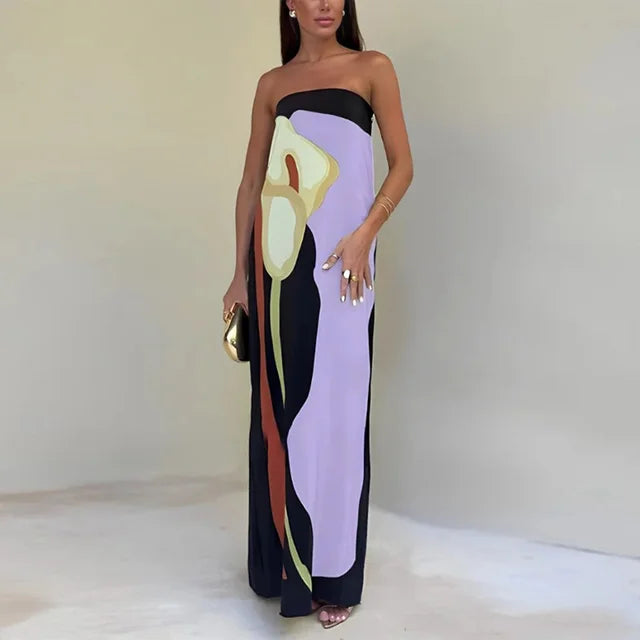 Women's elegant printed strapless long dress, a versatile maxi for evening, parties, or summer events.