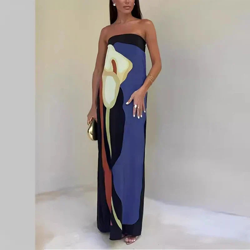 Chic printed strapless maxi dress for women, ideal occasion wear for parties, formal events, & summer.
