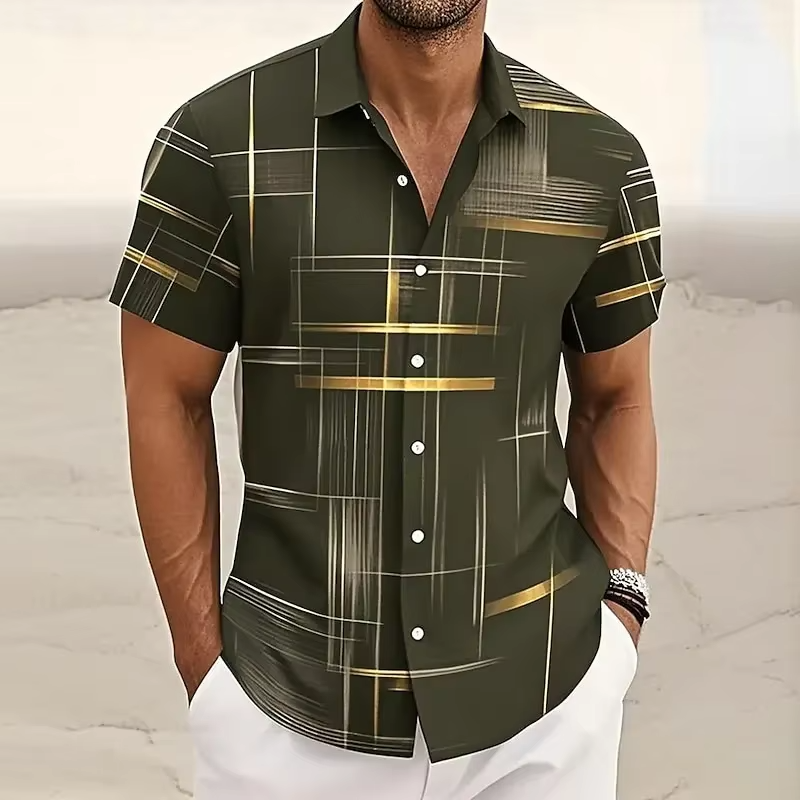 Modern patterned short-sleeve shirt for men. Casual button-up, stylish for summer & spring comfort.
