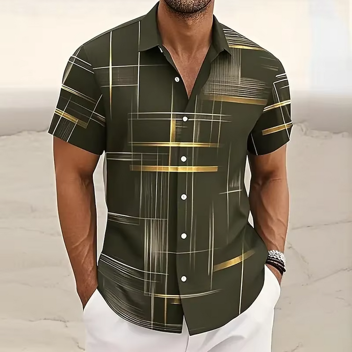 Modern patterned short-sleeve shirt for men. Casual button-up, stylish for summer & spring comfort.