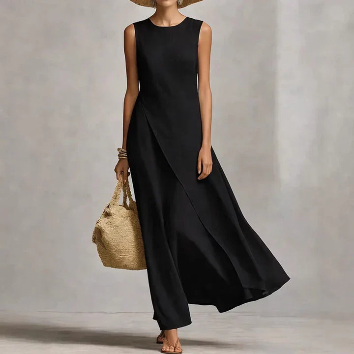 Versatile women's casual asymmetrical sleeveless maxi dress, great for summer, beach & travel.