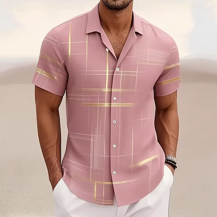 Versatile men's modern patterned short-sleeve button-up shirt. Ideal for casual or smart casual spring/summer style.