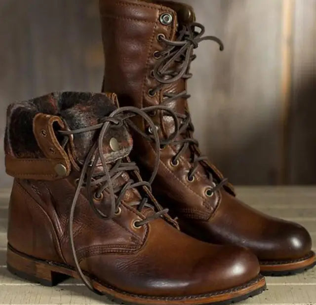 Chic women's lace-up mid-calf fashion boots, featuring a durable design and a comfortable low heel.