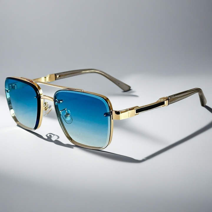 Elegant squared frame unisex sunglasses, gold frame. Ideal summer accessory & vacation essential with UV protection.