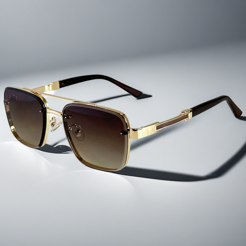 Unisex squared gold frame sunglasses with gradient lenses & UV protection. Stylish and comfortable summer eyewear.