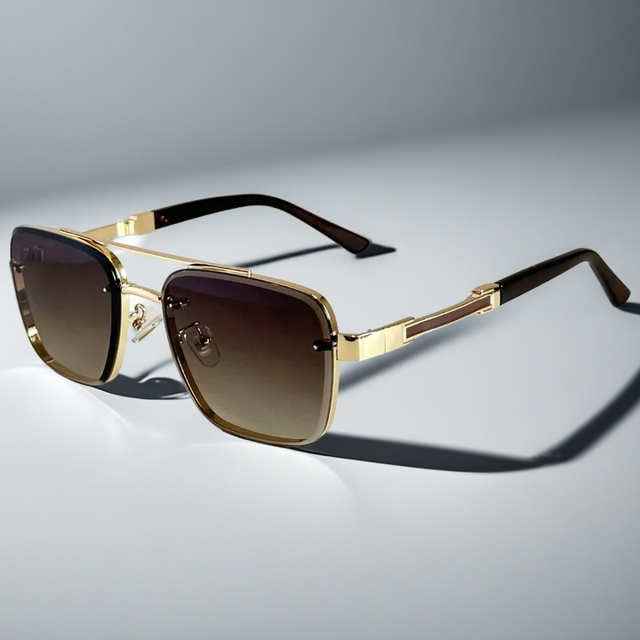 Unisex squared gold frame sunglasses with gradient lenses & UV protection. Stylish and comfortable summer eyewear.