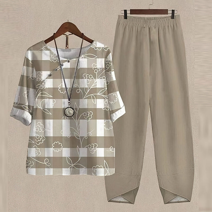 Versatile women's shirt & trouser set. Casual yet chic two-piece outfit for relaxed spring/summer days and comfortable wear.