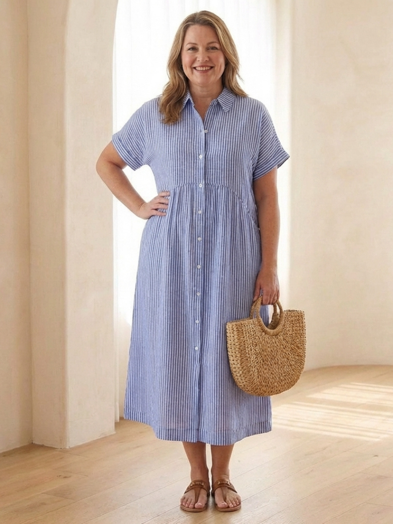 Casual short-sleeve midi dress for women, with a chic striped pattern and functional button-front detail.