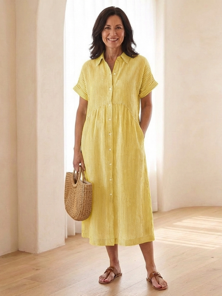Relaxed fit striped midi dress with short sleeves & a button front, ideal for everyday spring wear.