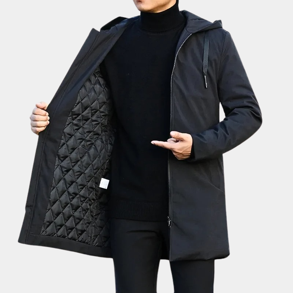 Men's mid-length quilted hooded coat, a warm and casual zip-up jacket for autumn and winter outerwear.