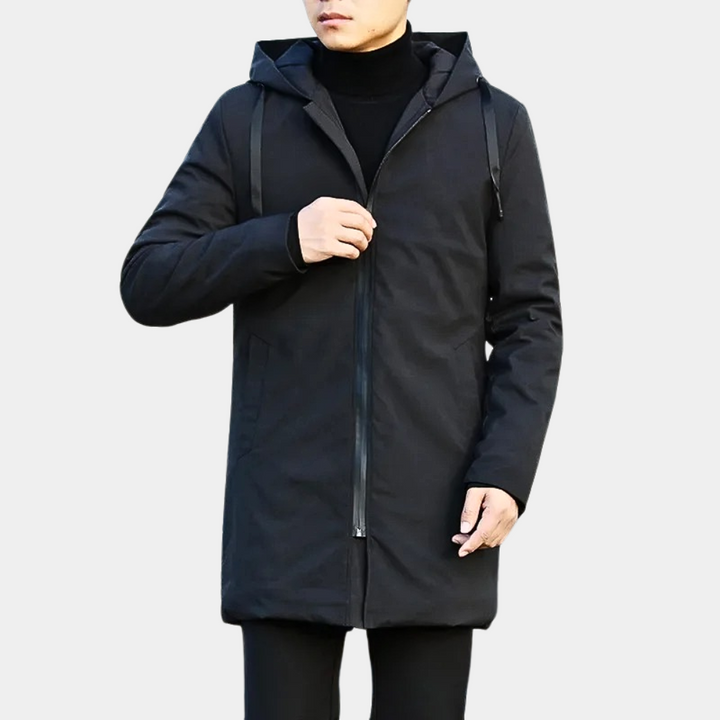Warm men's mid-length quilted hooded zip-up coat, ideal casual outerwear for autumn and winter style.