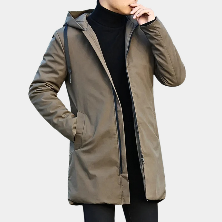 Casual men's mid-length quilted hooded jacket, a comfortable zip-up coat for everyday autumn and winter wear.