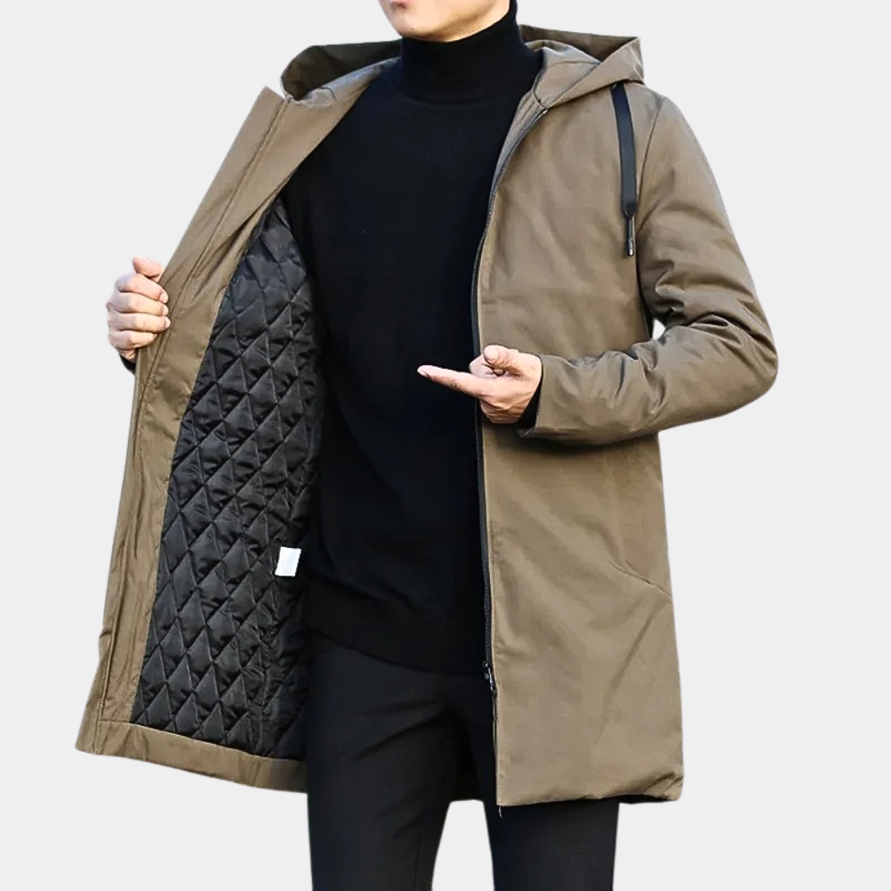 Durable men's mid-length quilted coat with hood, a practical and stylish zip-up jacket for winter outerwear.