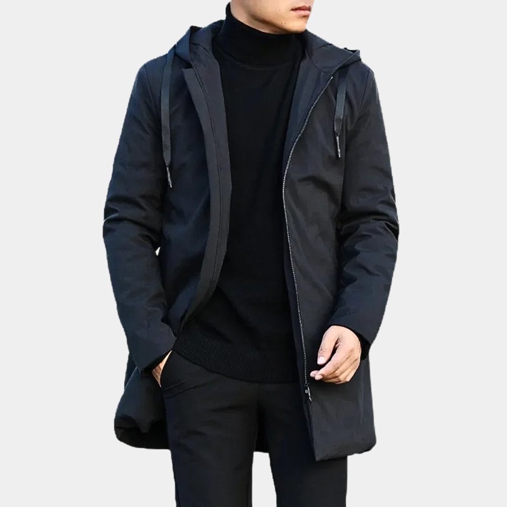 Men's hooded quilted mid-length coat, versatile outerwear for men. Great for chilly autumn and winter days.