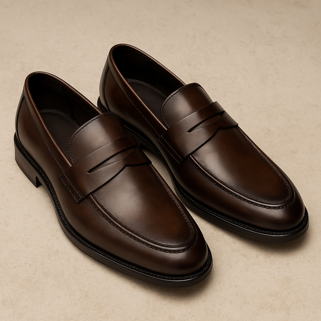 Polished leather men's slip-on penny loafers. Comfortable & versatile classic footwear, ideal for smart casual or dress.