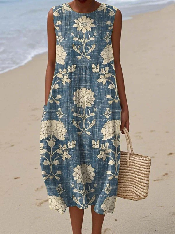 Women's relaxed fit denim blue boho midi dress with vibrant floral print, perfect for summer casual or elegant day wear.