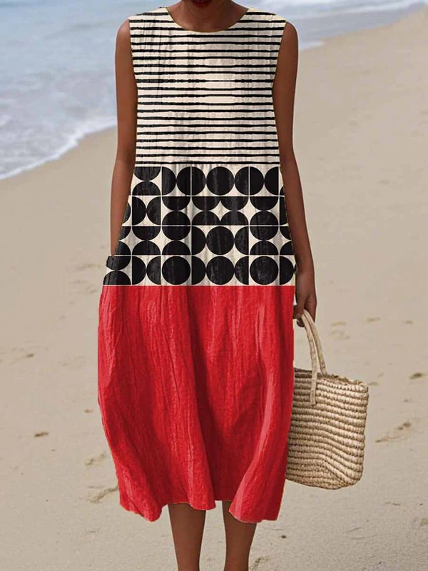 Women's chic colorblock midi dress, sleeveless, multicolor, elegant & stylish for summer casual or evening wear.