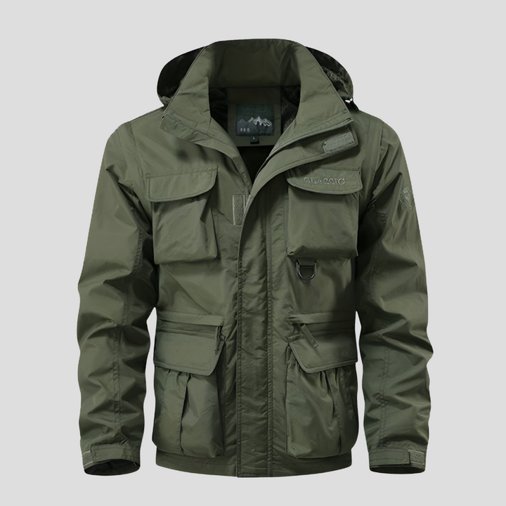 Durable men's waterproof military coat, ideal all-weather protection for outdoor adventures & daily commute.