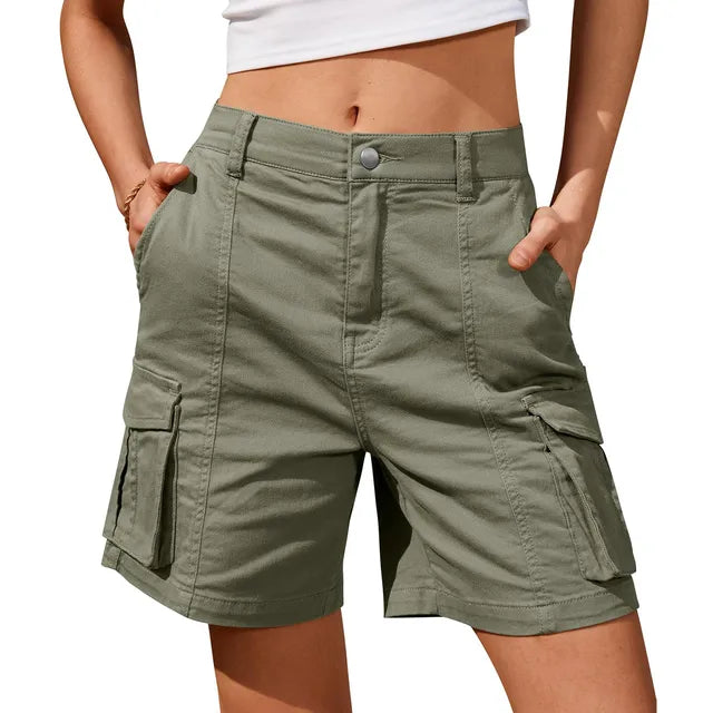 Women's casual vintage cargo shorts, elastic waist ensures a perfect fit, stylish & functional pockets.