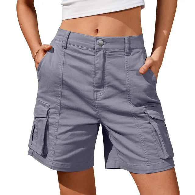 Comfortable women's cargo shorts, vintage cut, elastic waist & secure pockets for daily adventures.