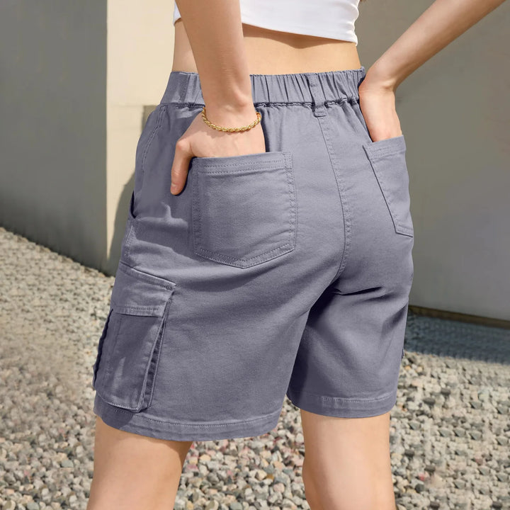 Casual women's cargo shorts, vintage style, comfortable elastic waist & practical deep pockets.