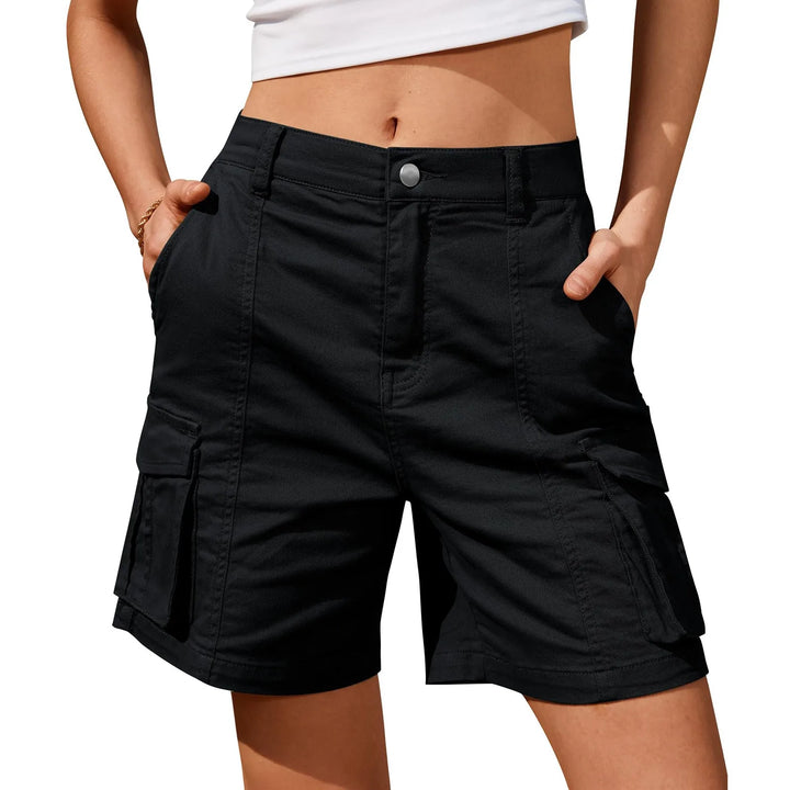 Summer women's vintage cargo shorts with an elastic waist and utility pockets for everyday wear.