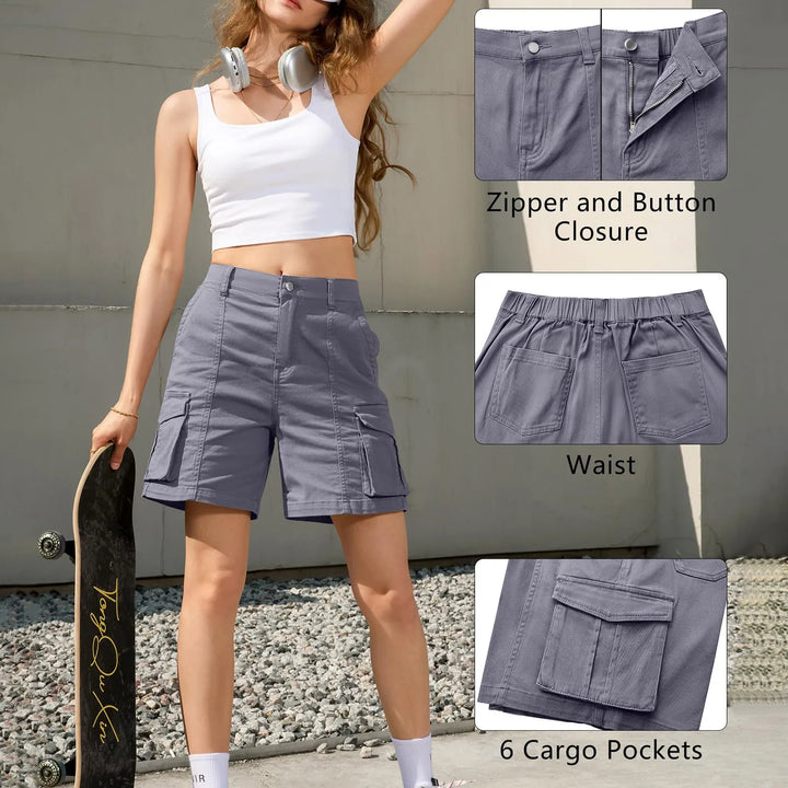 Women's retro cargo shorts, elasticated waist for comfort, ample pockets, ideal for casual and active outings.