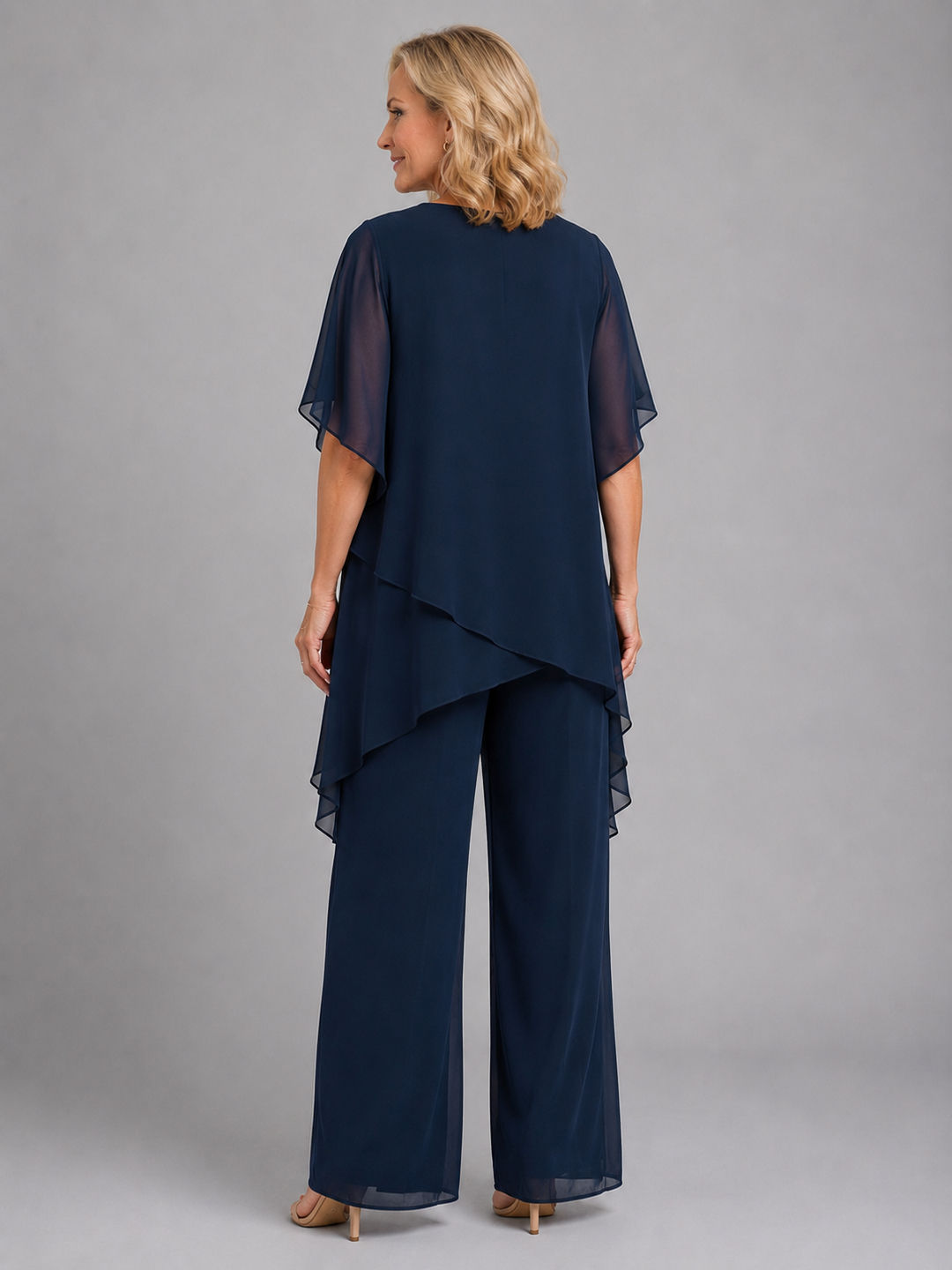 Smart casual women's relaxed fit chiffon two-piece set with wide leg pants and graceful flutter sleeves.