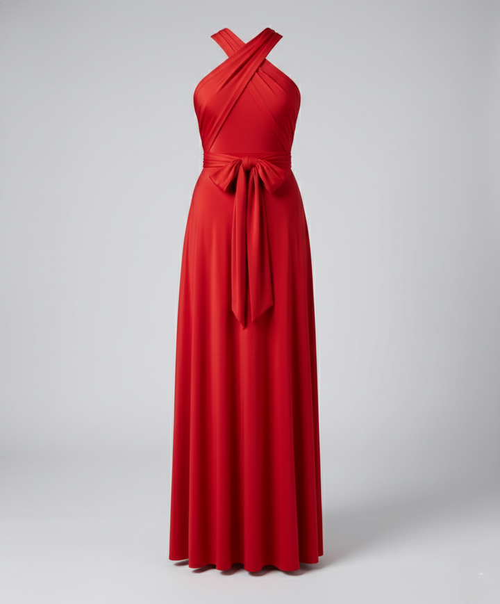 Stylish women's multiway long wrap dress with V-neck, suitable for formal parties & events.