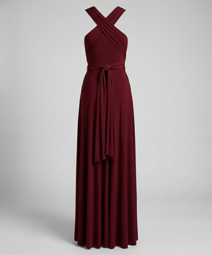 Back view of an elegant women's multiway wrap maxi dress with versatile tie design, perfect for occasions.