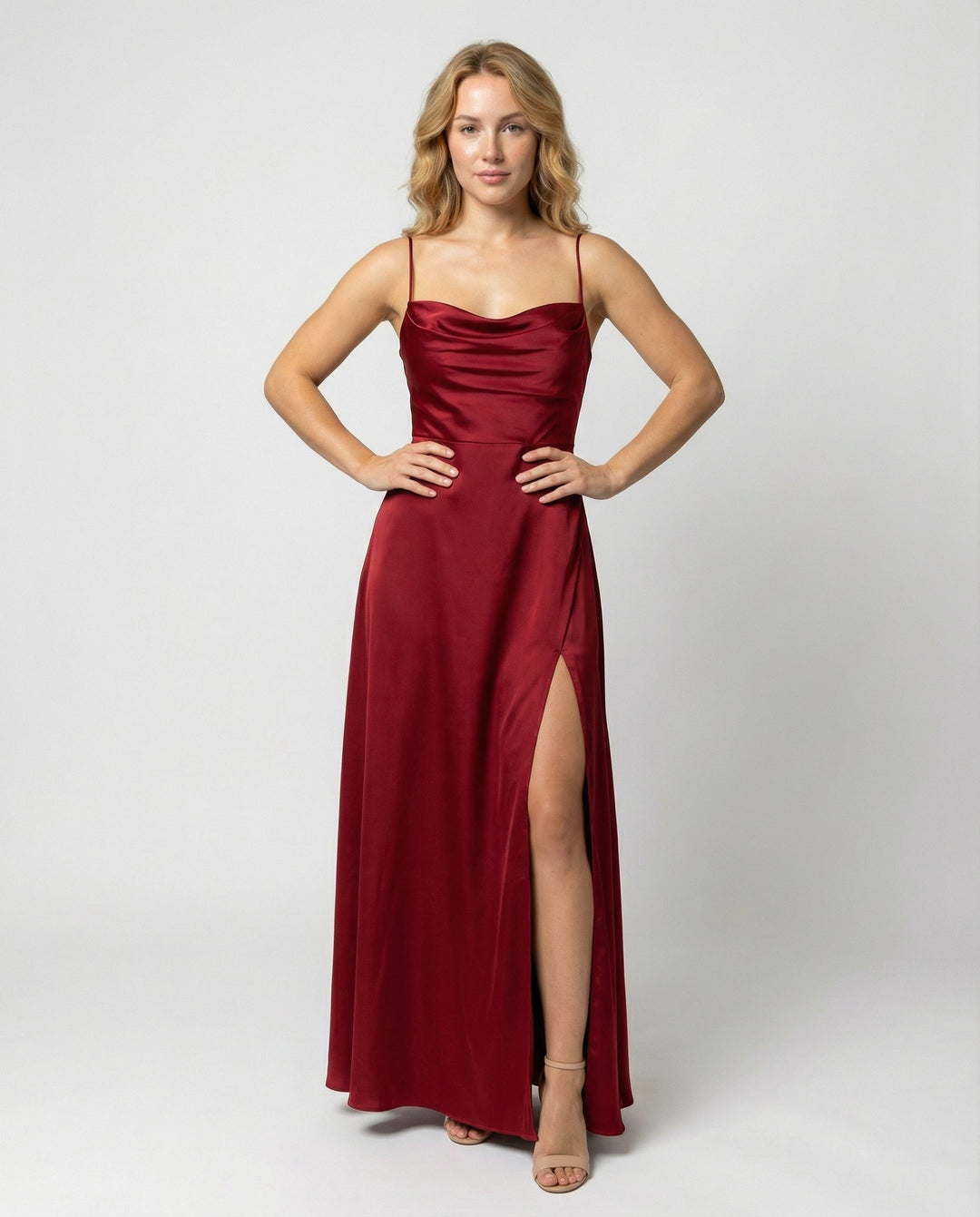 Elegant women's cowl neck maxi dress with a sophisticated lace-up back, perfect for evening wear & formal events.