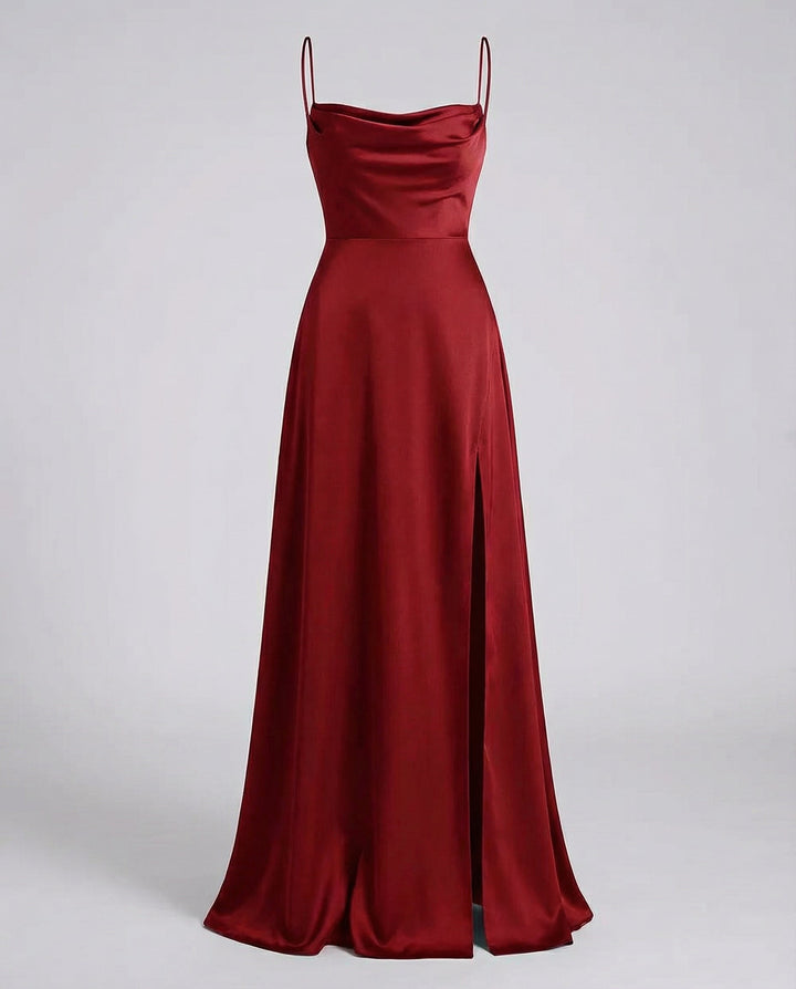 Sleek women's evening gown, elegant cowl neck, lace-up back, and a graceful side slit.
