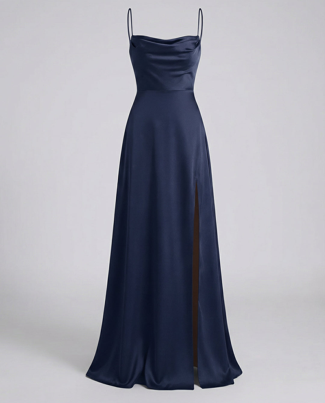 Sophisticated women's long dress with a flattering cowl neck and intricate lace-up back design, a formal choice.