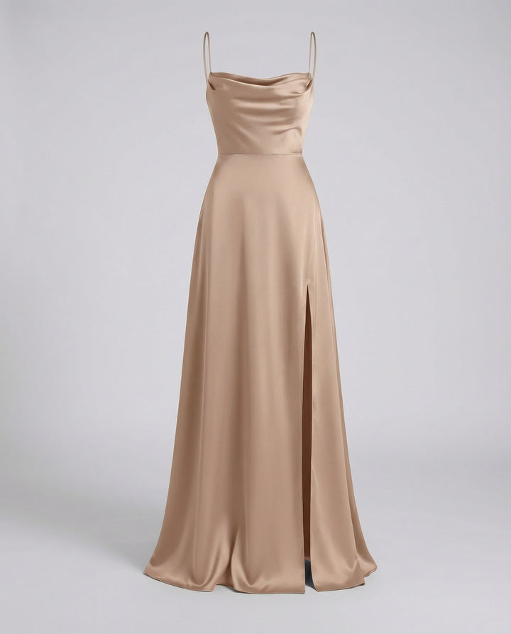 Chic women's formal dress with a cowl neck, intricate lace-up back, and an elegant side slit.