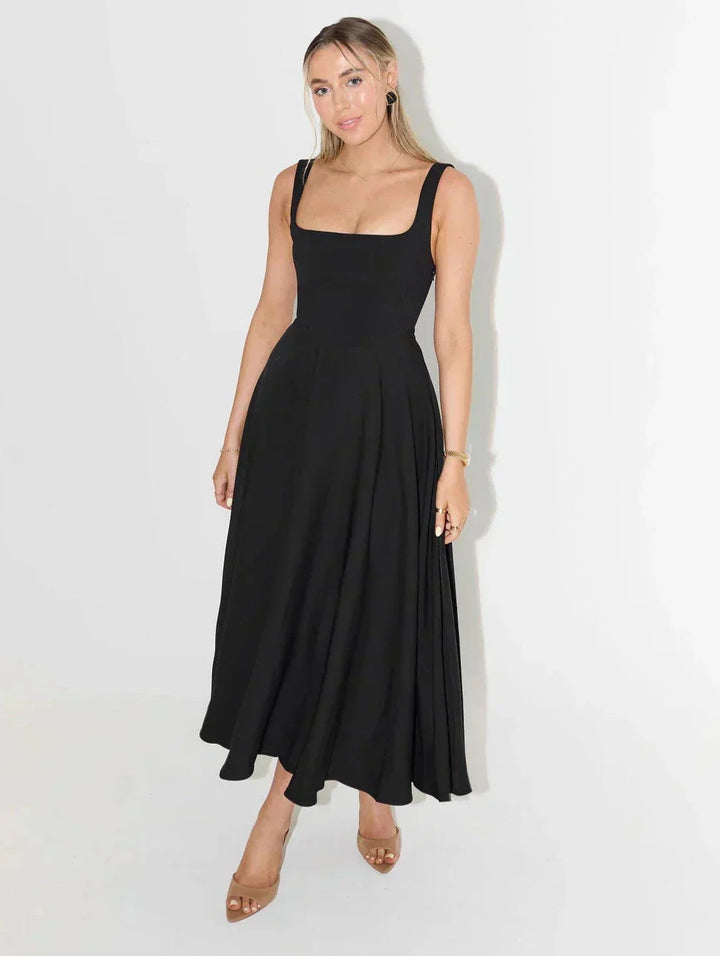 Chic women's square neck A-line midi dress, versatile for elegant summer events or comfortable spring casual wear.
