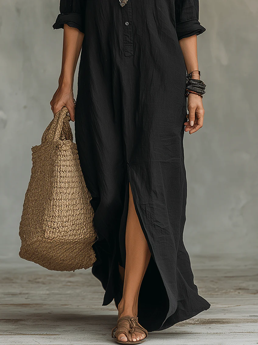 Comfortable black elegant maxi dress for women, flattering silhouette. Ideal long summer dress for any occasion.