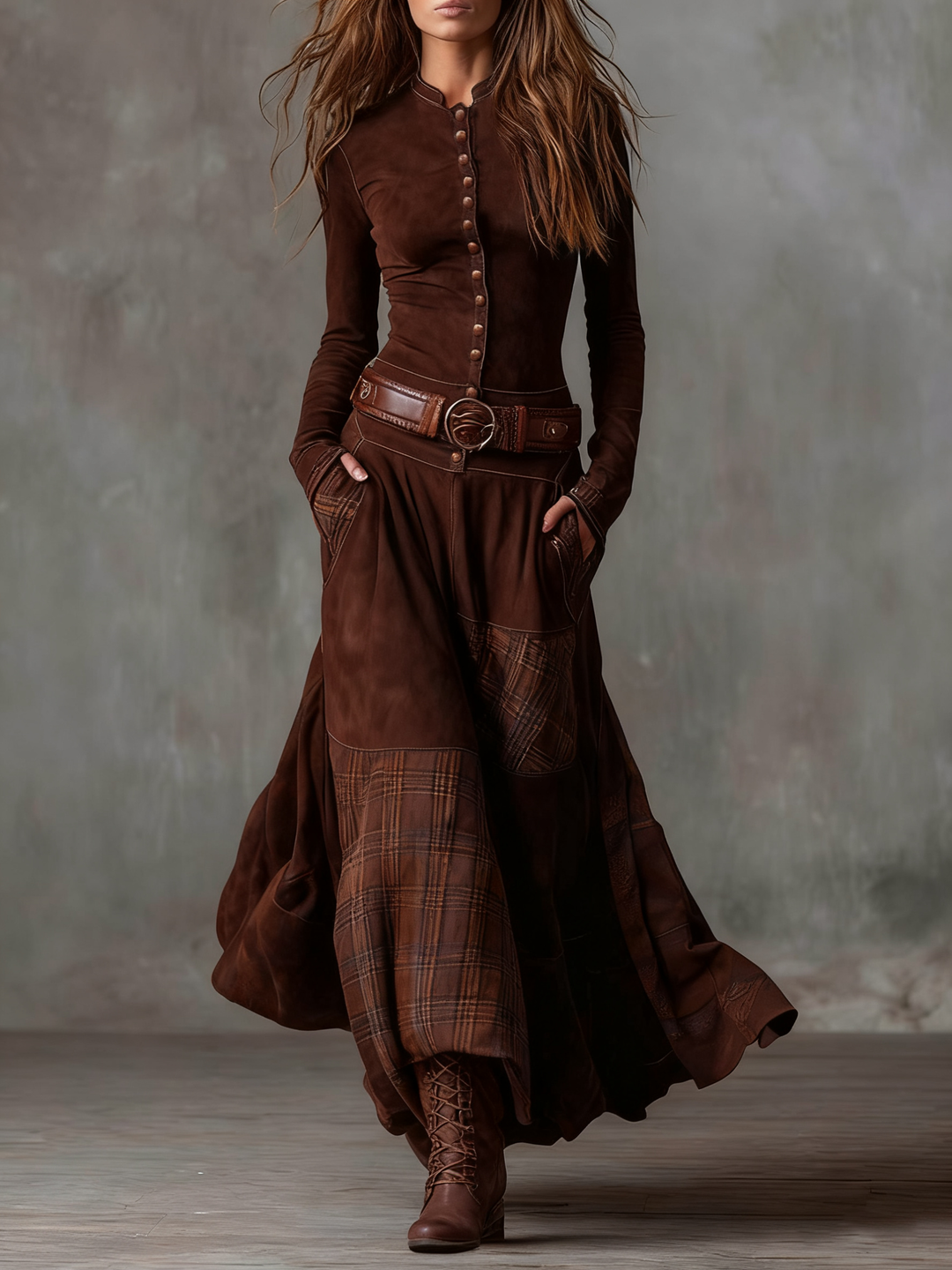 Stylish women's midi dress with an elegant belt, versatile for casual or formal autumn wear.