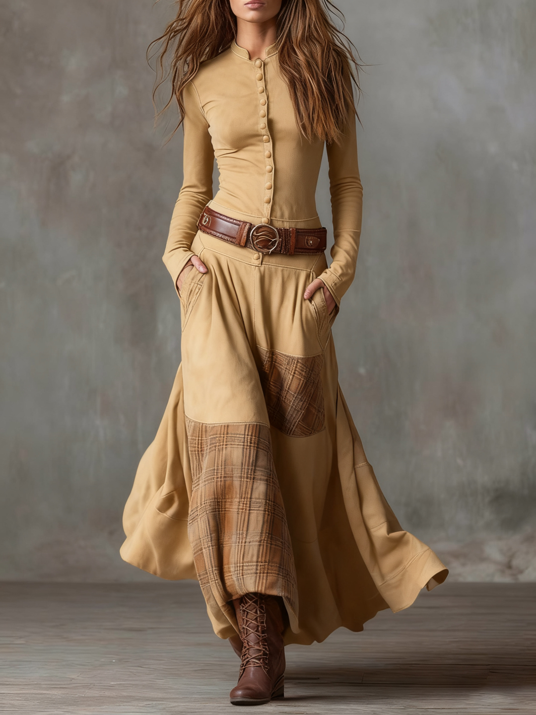 Classic women's elegant midi dress with belt, perfect for versatile autumn/winter casual fashion.