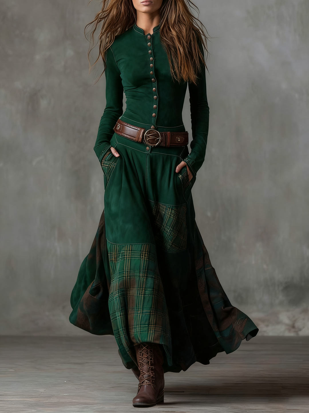 Elegant women's casual midi dress, belted for a flattering silhouette. Timeless autumn/winter style.