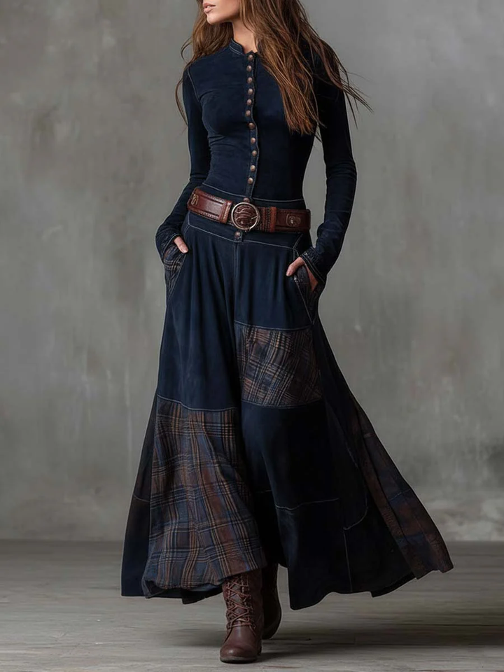 Sophisticated women's belted midi dress, a timeless piece for elegant autumn and winter fashion.
