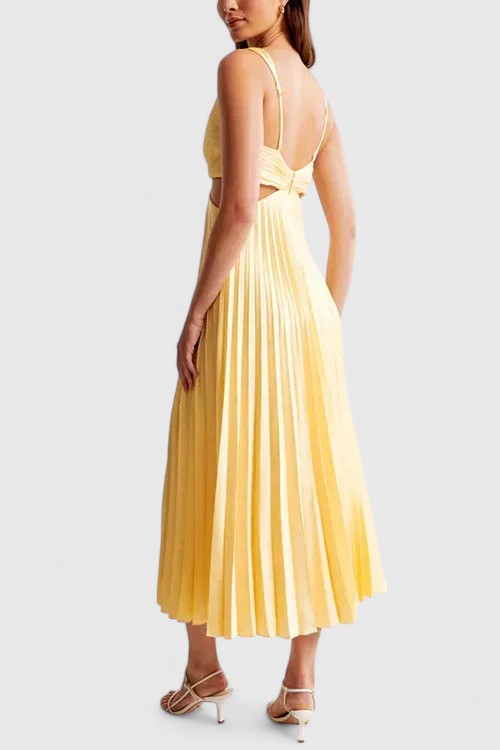 Flattering A-line pleated sleeveless dress, designed for elegance at weddings and events.