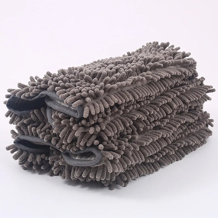 Microfiber dog towel glove with cute paw embroidery, ideal for efficient drying & grooming messy dogs.