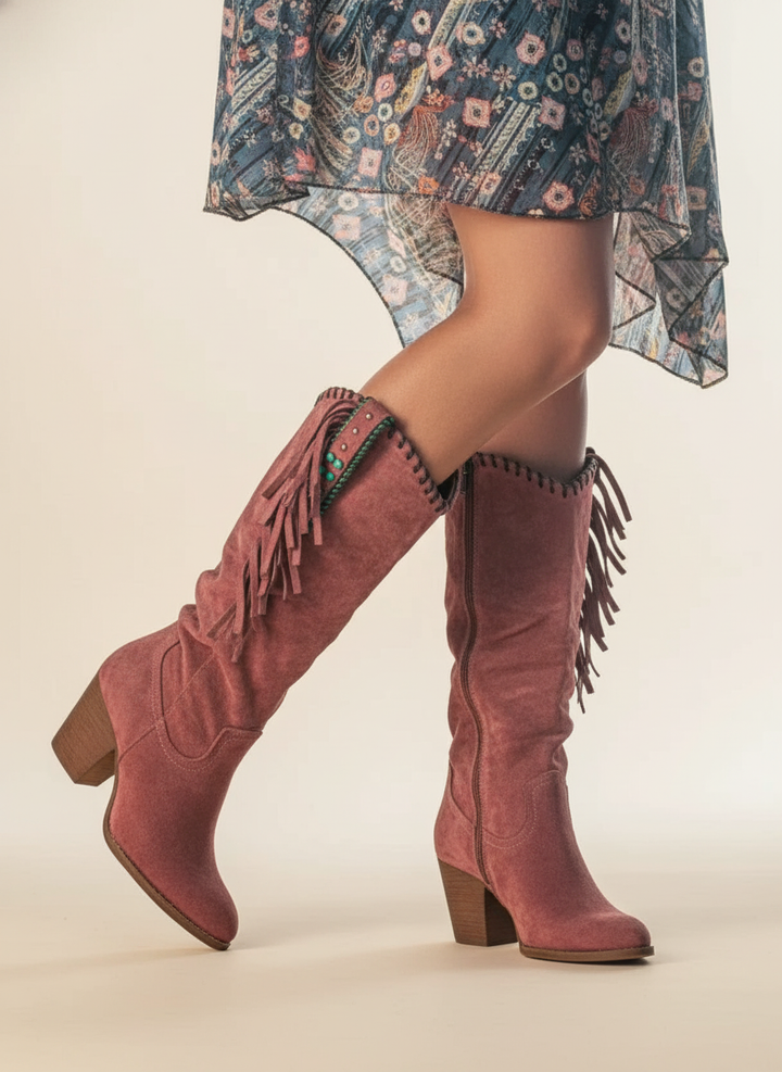 Women's stylish mid-calf boots with trendy fringe detail and comfortable block heel for autumn fashion.