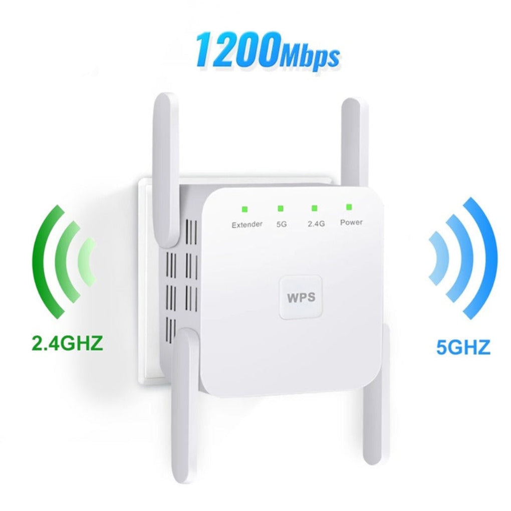 Dual-Band AC1200 WiFi Extender, wireless repeater for improved internet signal coverage, compatible with all routers