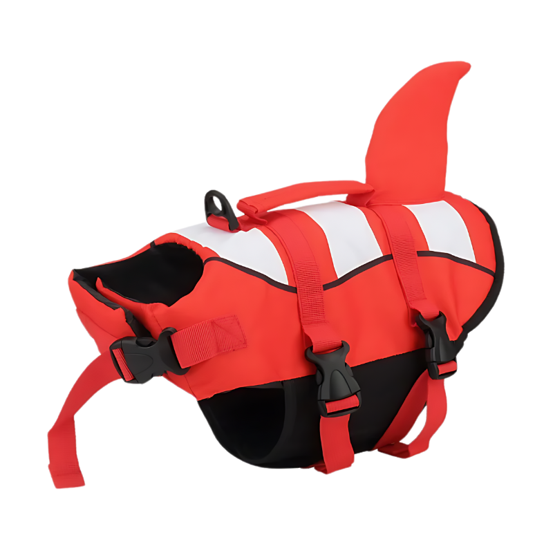 Comfortable, adjustable dog life vest in a fun shark design. Provides ultimate flotation & pet safety in water.