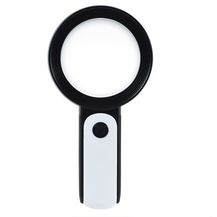 Adjustable LED magnifying glass for reading fine print. Portable handheld magnifier with clear lens & light.